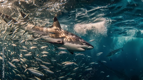 Shark swimming surrounded by fish or sardines in the sea in high resolution and quality