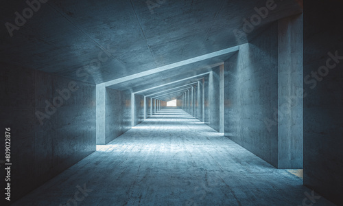 Futuristic concrete corridor with blue lighting © tiero