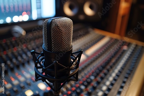 A professional-looking black microphone sits on a black and silver stand in front of a mixing board photo