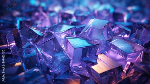 Close-up of a pixel art alien crystal, energy emanating, soft backlight, straight-on shot, radiant purples and electric blues, blending Cubisms fragmented perspectives with vibrantemotive colors