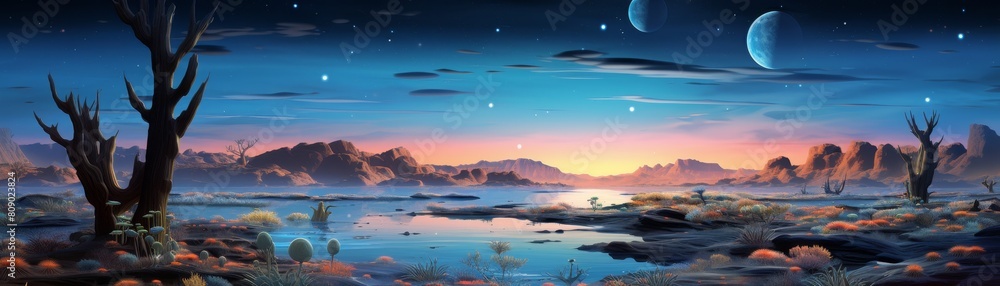 Close-up, surreal scene of water magic in a desert oasis, twilight lighting, diagonal angle, vivid blues and sandy hues, digital abstract collageslayered effectgreat for album covers Close-up, surreal scene of water magic in a desert oasis, twilight lighting, diagonal angle, vivid blues and sandy hues, digital abstract collageslayered effectgreat for album covers