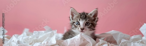 Kitten playing with crumpled paper on pink background. Cute animal concept. Design for greeting card. Banner with copy space