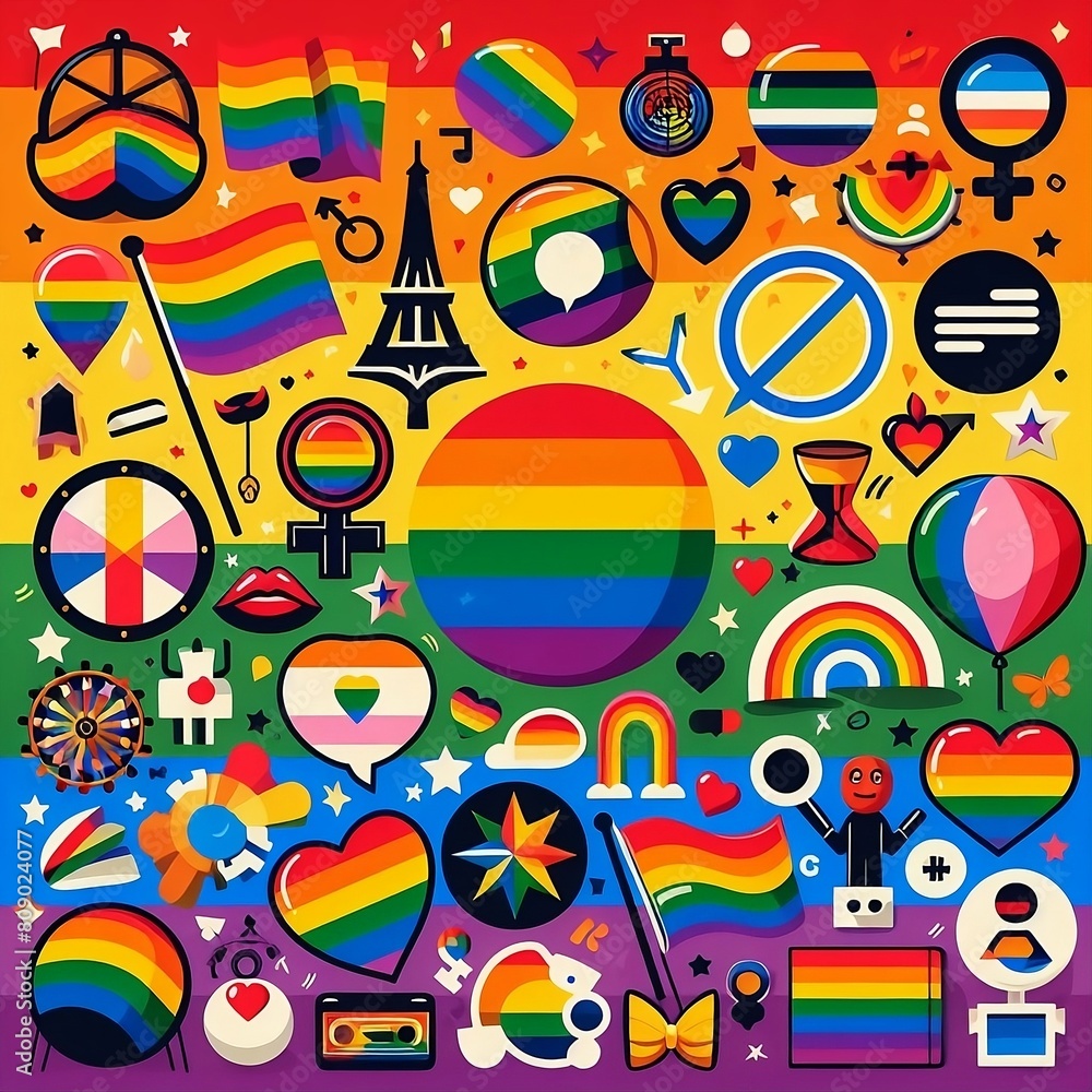 LGBTQ symbols and flags in vibrant colors representing diversity and Pride day pride month for Love created with generative ai	