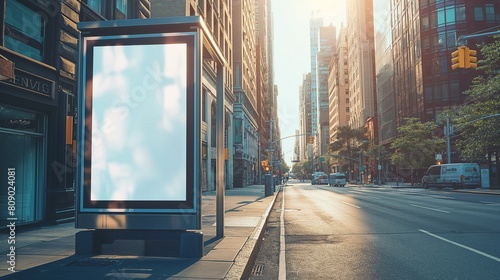 Blank billboard placeholder mock-up on a city boulevard,Outdoor mockup of a blank information poster on patterned paving-stone; an empty vertical street banner template in an alley.