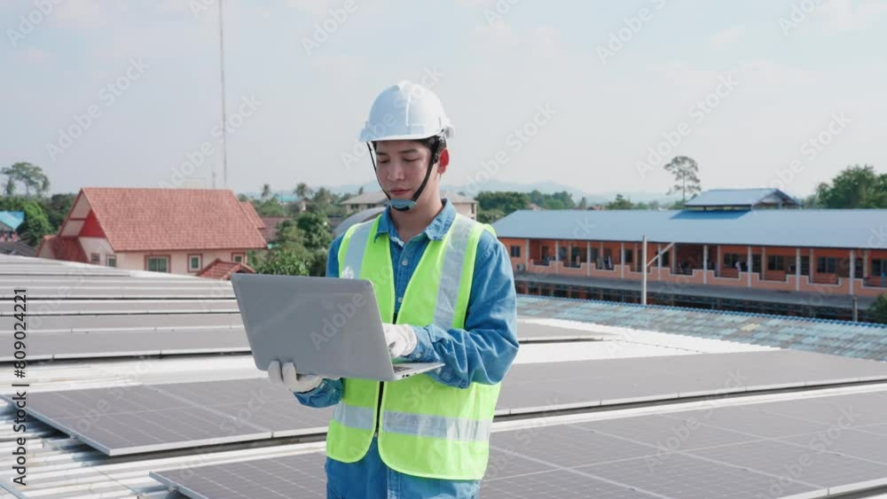 Asian functionary man using laptop computer checking and counting solar panel on rooftop factory. Professional Engineer man examination solar cell system installment on rooftop Asian functionary man using laptop computer checking and counting solar panel on rooftop factory. Professional Engineer man examination solar cell system installment on rooftop