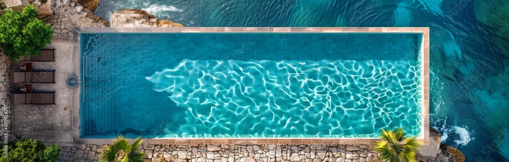 Aerial view of a swimming pool by the sea. Travel and luxury resort theme Banner with copy space
