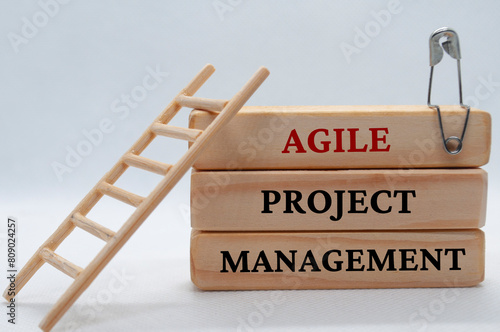 Agile project management text on wooden blocks with small toy ladder