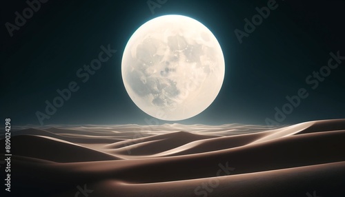 Full moon on desert mountain peaks at sand storm, fantasy scene of moon and desert.