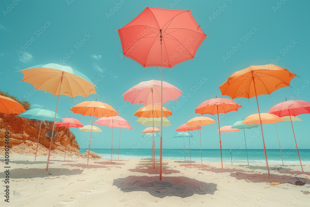 A surreal depiction of oversized, brightly colored umbrellas floating above a deserted sandy beach under a clear blue sky,