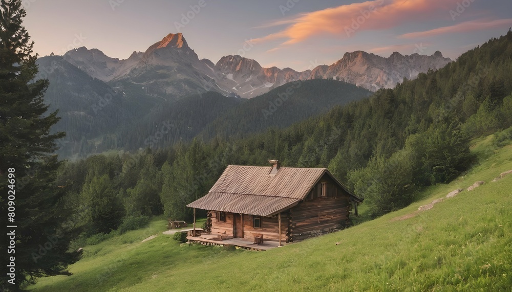 A mountain scene with a wooden cabin nestled in th upscaled 4