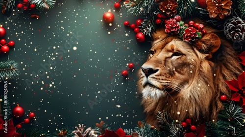 Lion with Christmas Garland on Festive Background