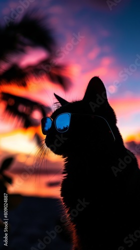 Silhouette of a cat wearing sunglasses at sunset
