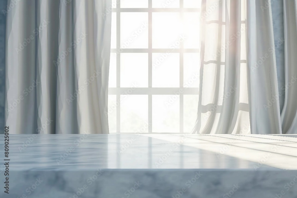 Empty marble desk in front of window light and white curtains. Home interior with table countertop. Product placement display in luxury house. generative ai. Empty marble desk in front of window light and white curtains. Home interior with table countertop. Product placement display in luxury house. generative ai.