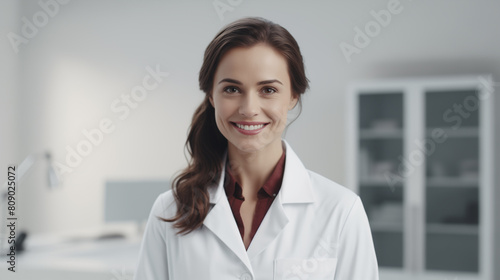 smiling woman in lab coat standing in front of a desk