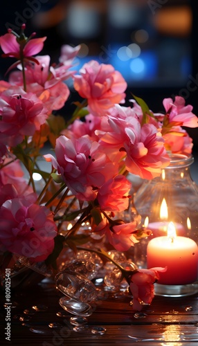 Bouquet of pink flowers and burning candles on a wooden table