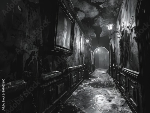 A dark and eerie hallway with a single light source at the end