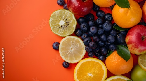 assorted fresh fruits isolated on orange background mixed berries apples citrus fruits studio shot still life flat lay
