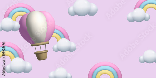 Baby girls 3d vector background with pink sky, flying air ballon and cute rainbows. Three dimensional clay style children banner with copy space.