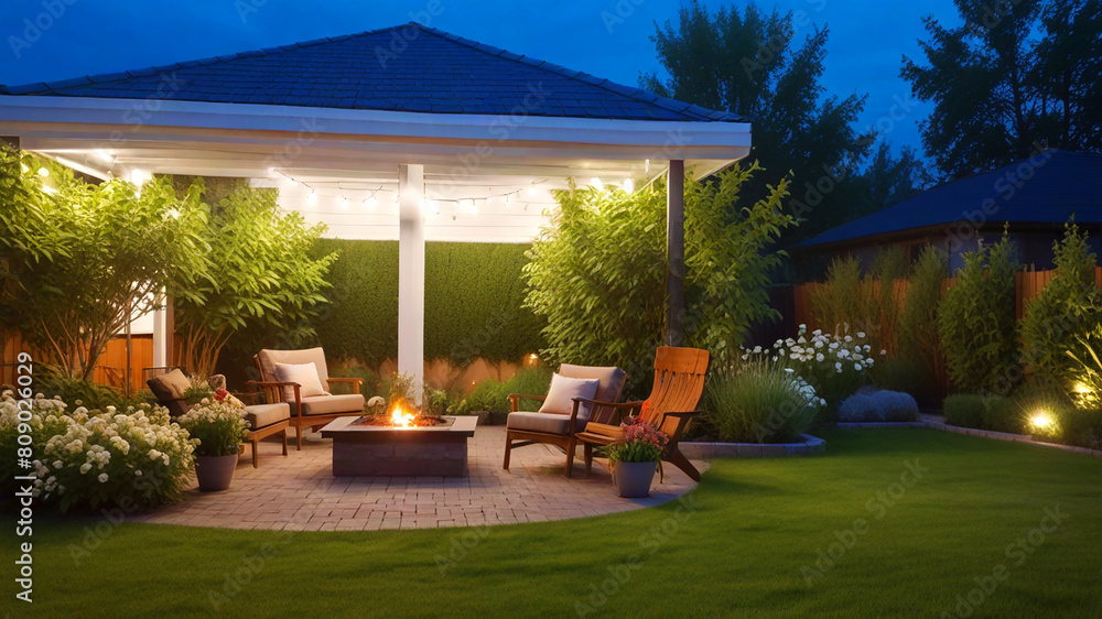 Summer evening on a beautiful rest house with lights in the garden on natural background