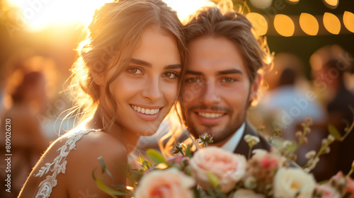 A bride and groom are smiling for the camera with a bouquet of flowers in front