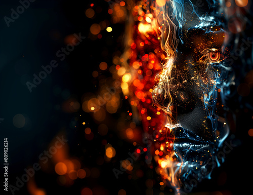 Closeup of persons face engulfed in flames  contrasting with dark sky