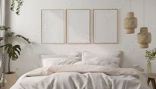 serene ambiance with a white frame mockup in a light, cozy bedroom © AhmadTriwahyuutomo