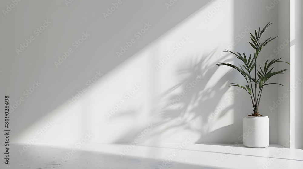Potted Palm Plant Casting Shadow in Bright White Room Potted Palm Plant Casting Shadow in Bright White Room