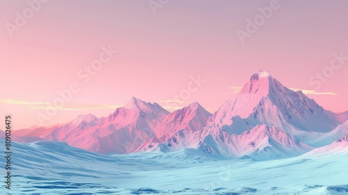 A beautiful winter landscape with snow-capped mountains and a pink sky.