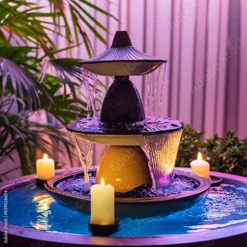 Close view of a small decorative zen water fountain, placed on top of a white wooden table with a few small candles, next to a window and some green plants. photo