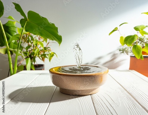 Close view of a small decorative zen water fountain, placed on top of a white wooden table next to a window and some green plants in a warm morning