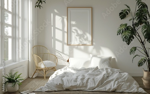 white frame mockup in a serene  light bedroom interior