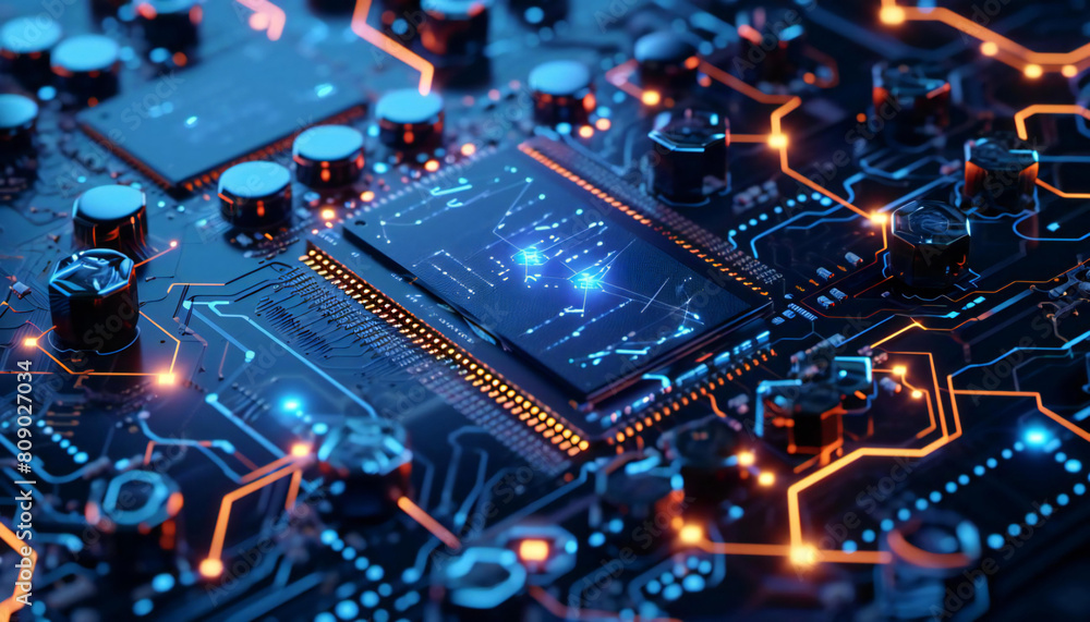 The blue link circuit board has hexagons that create a 3D effect around the AI microchip The blue link circuit board has hexagons that create a 3D effect around the AI microchip