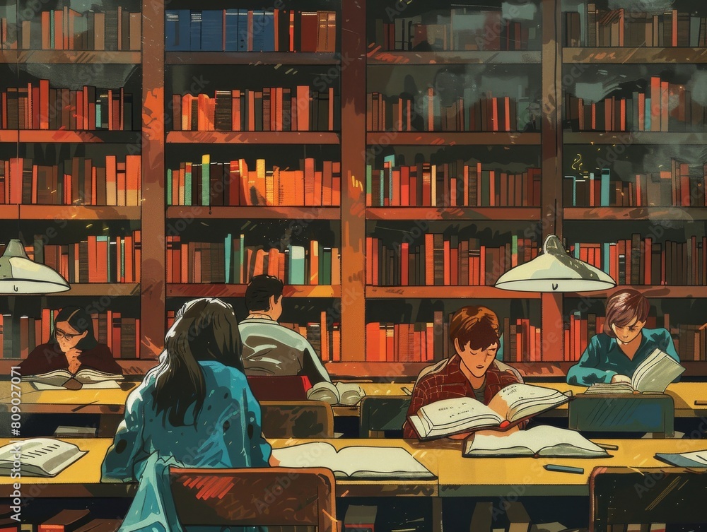 A library with students engrossed in books. A library with students engrossed in books.