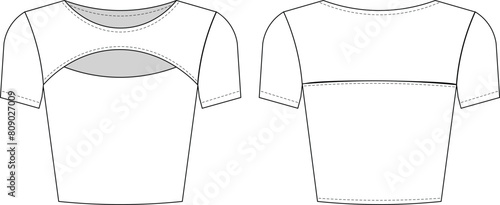 round neck crew neck short sleeve low-cut cutout fit blouse top t-shirt template technical drawing flat sketch cad mockup fashion woman design style model
