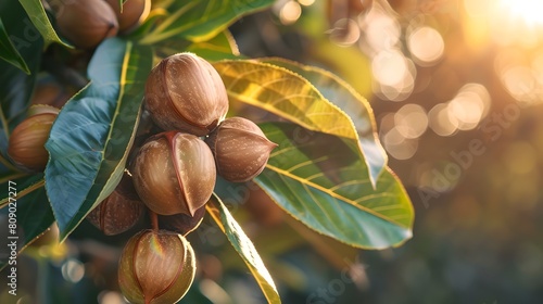 Macadamia Nuts Tree Closeup Sunlit Leaves Harvest Season Bokeh Background