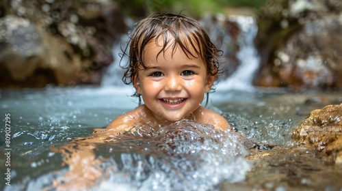 Smiling child under a stream of clear water, his joy contrasting with a soft-focus, natural background.