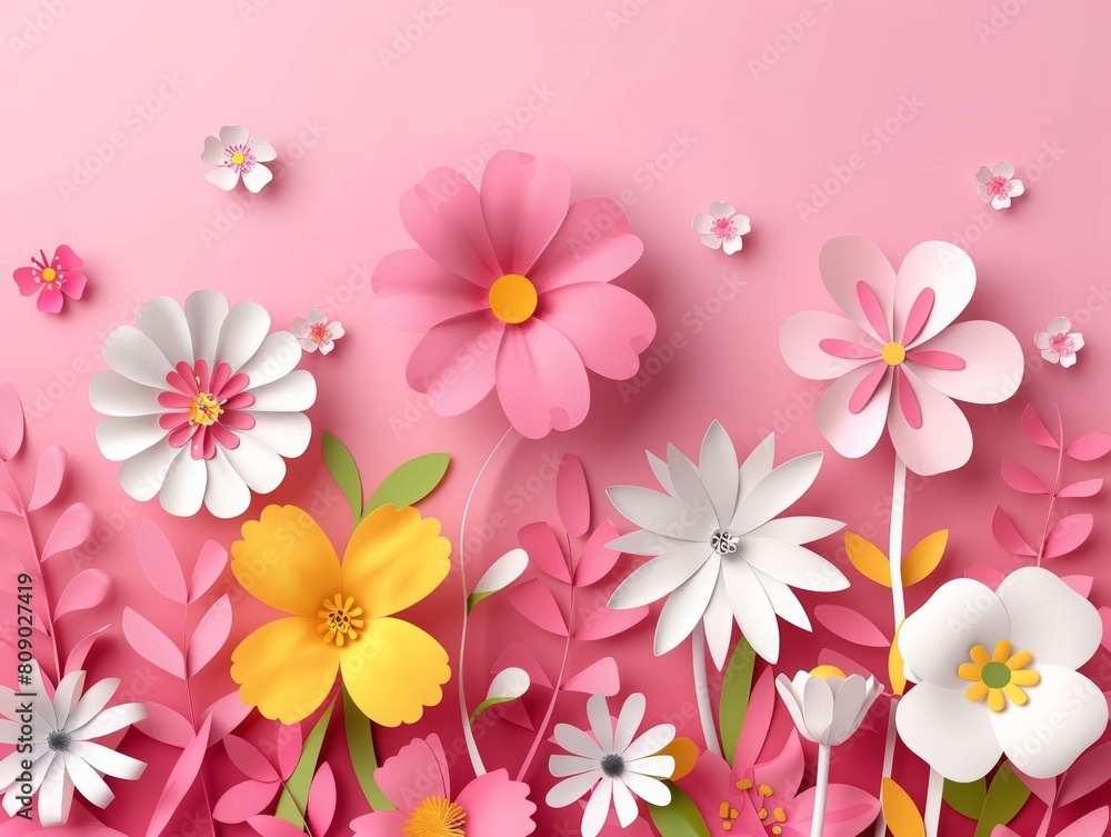 Elegant background for Mother's Day with paper cut flowers. Presentation design template, commercial banner, web banner and poster template for international Mother’s Day celebration.