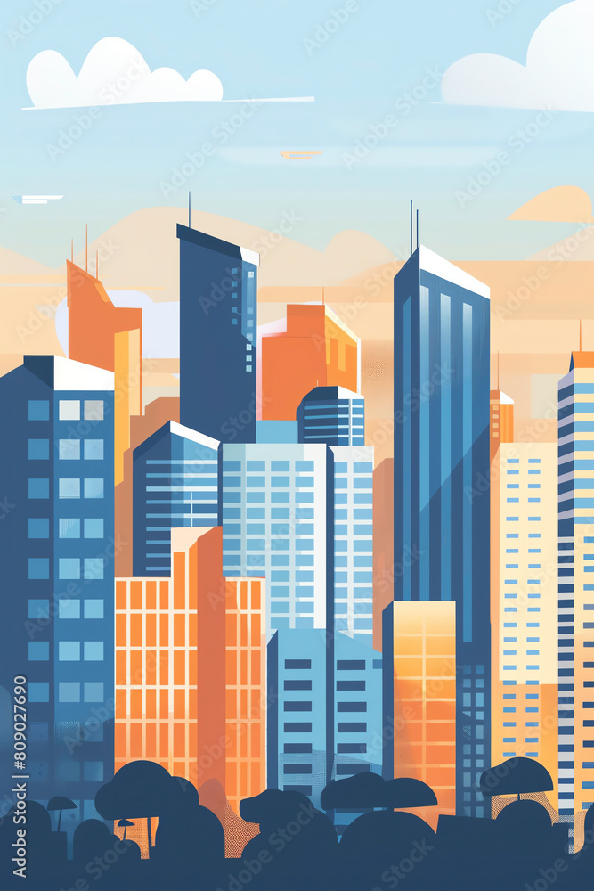 Skyscraper flat design top view city skyline cartoon drawing Analogous Color Scheme Skyscraper flat design top view city skyline cartoon drawing Analogous Color Scheme