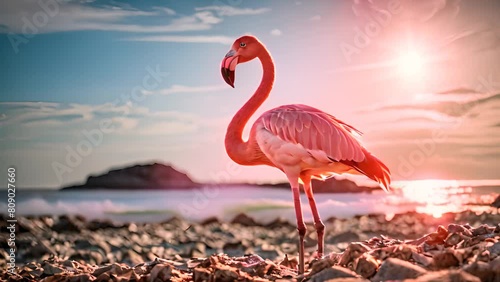 Pink Flamingo Stands on Rocky Beach Generative AI photo