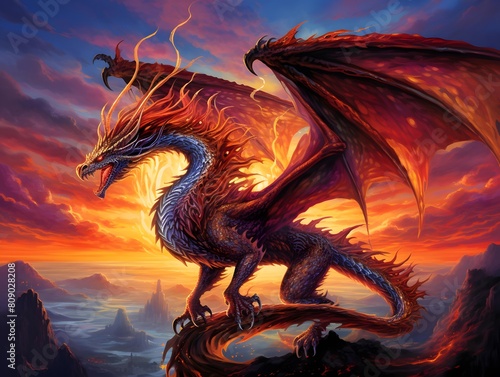 dragon at sunset - 3d render with vignette effect.