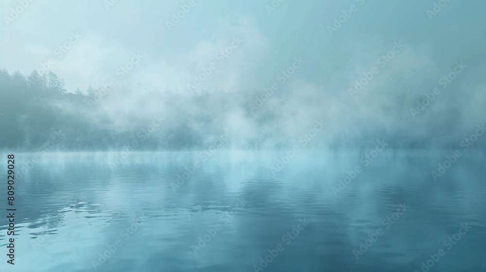 Fototapeta premium Softly diffusing smoke in a tranquil blue, gently enveloping the entire frame, suggesting the calm of an early morning fog over a lake.