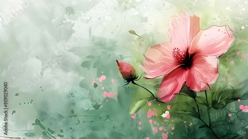 Watercolor Hibiscus Flower Soft Green Background Abstract Painting Art