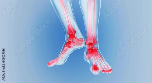 The human foots and ankles pain is illustrated in an X ray style photo