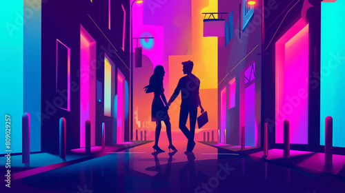 copy space  cartoon illustration  street view  Neon Noir with fluorescent colors  couple walking in a street. Background design for caf   or bar. Nightlife poster.