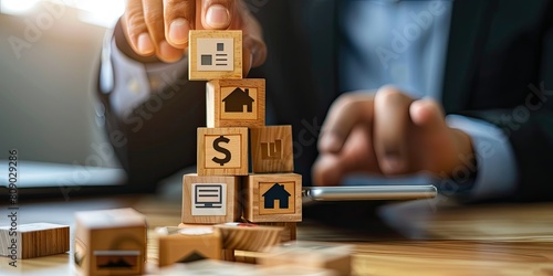 A businessman is holding wooden blocks with tons of money and a house on them, building up to the top block which has an icon for a mobile phone app. photo