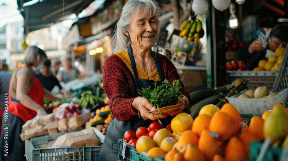 middle-aged owner sell fresh vegetables and fruits at an outdoor farmer's market