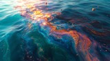 An oil spill spreading across the ocean surface, with plastic waste floating nearby