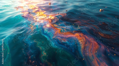 An oil spill spreading across the ocean surface  with plastic waste floating nearby