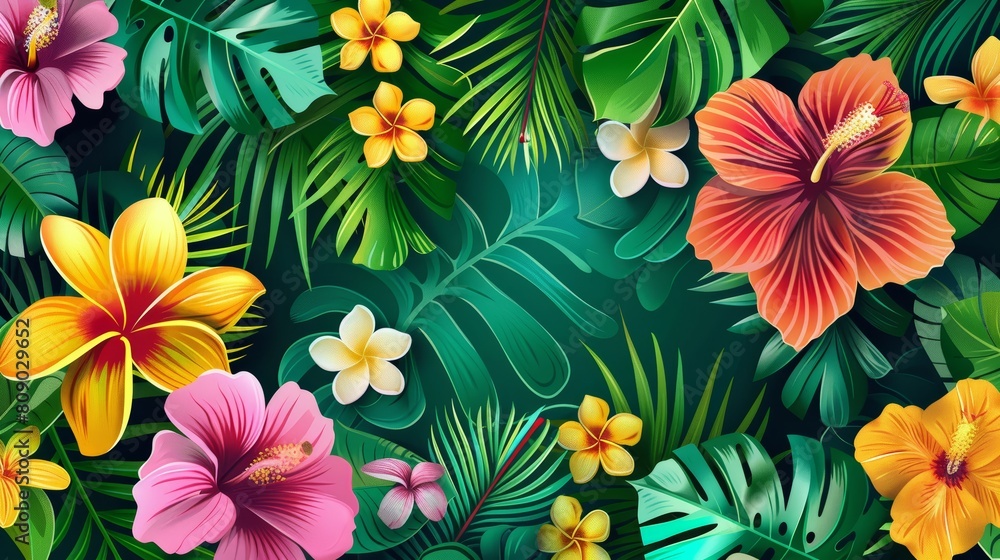 Tropical Floral Print Template, Vector template featuring lush tropical flowers and leaves, customizable in size and color for vibrant fabric prints or digital backgrounds Tropical Floral Print Template, Vector template featuring lush tropical flowers and leaves, customizable in size and color for vibrant fabric prints or digital backgrounds