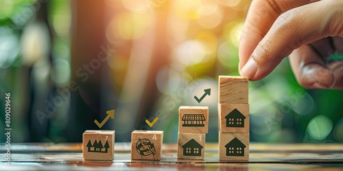 A hand is placing wooden blocks with icons of money and houses on them in the shape of an arrow pointing upwards,